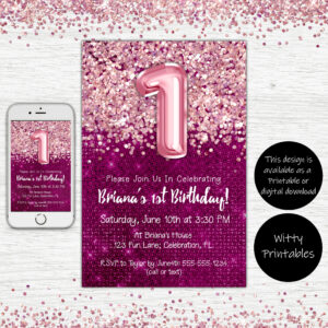 1st Birthday Invitation Magenta with Pink Balloons Glitter Birthday Party Invite for a 1 Year Old