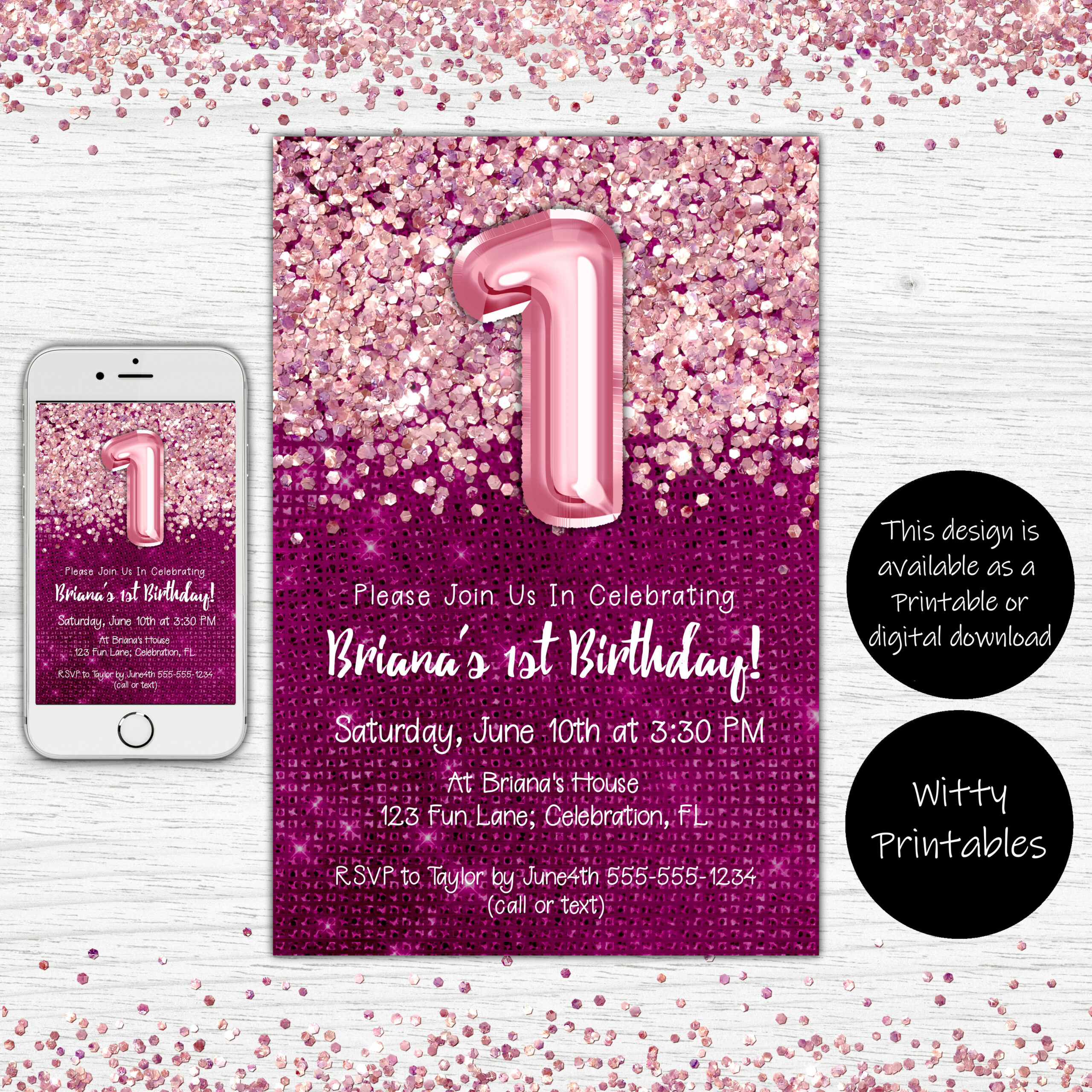 1st birthday invitation, party invite, magenta, pink, glitter