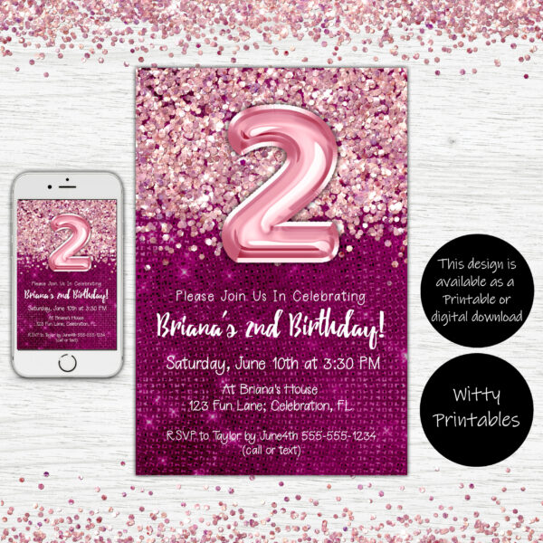 2nd Birthday Invitation Magenta with Pink Balloons Glitter Birthday Party Invite for a 2 Year Old