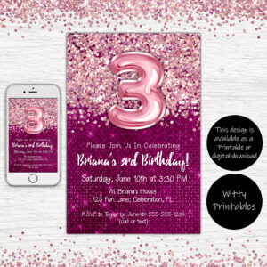 3rd Birthday Invitation Magenta with Pink Balloons Glitter Birthday Party Invite for a 3 Year Old