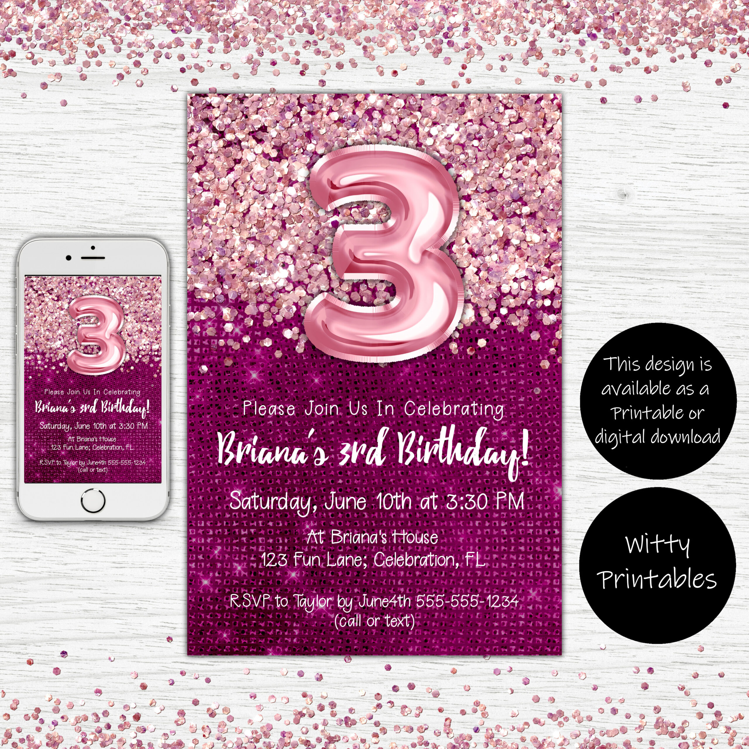 3rd birthday invitation, party invite, magenta, pink, glitter