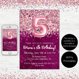 5th Birthday Invitation Magenta with Pink Balloons Glitter Birthday Party Invite for a 5 Year Old