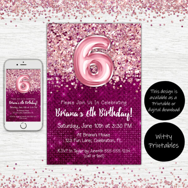6th Birthday Invitation Magenta with Pink Balloons Glitter Birthday Party Invite for a 6 Year Old