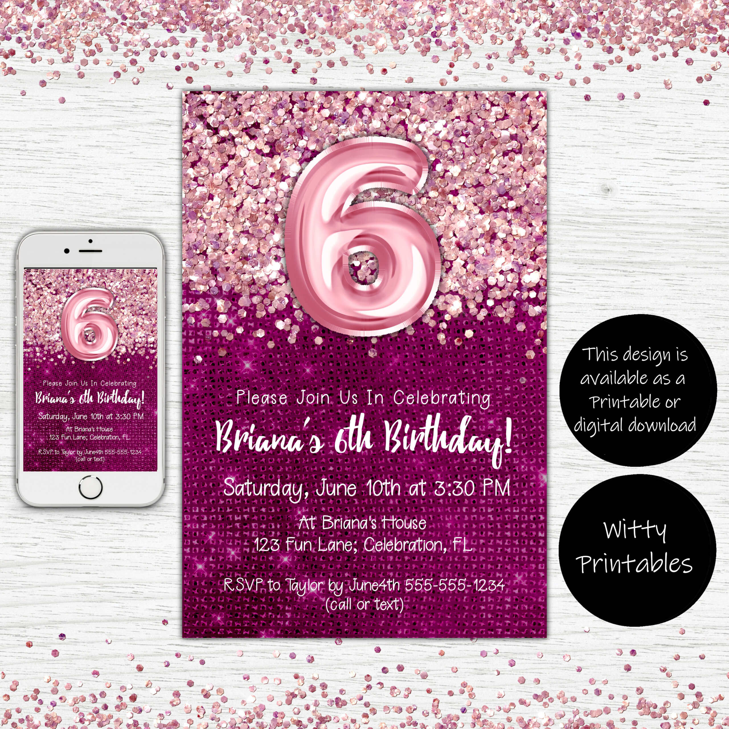 6th birthday invitation, party invite, magenta, pink, glitter