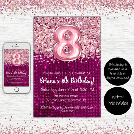 8th birthday invitation, party invite, magenta, pink, glitter