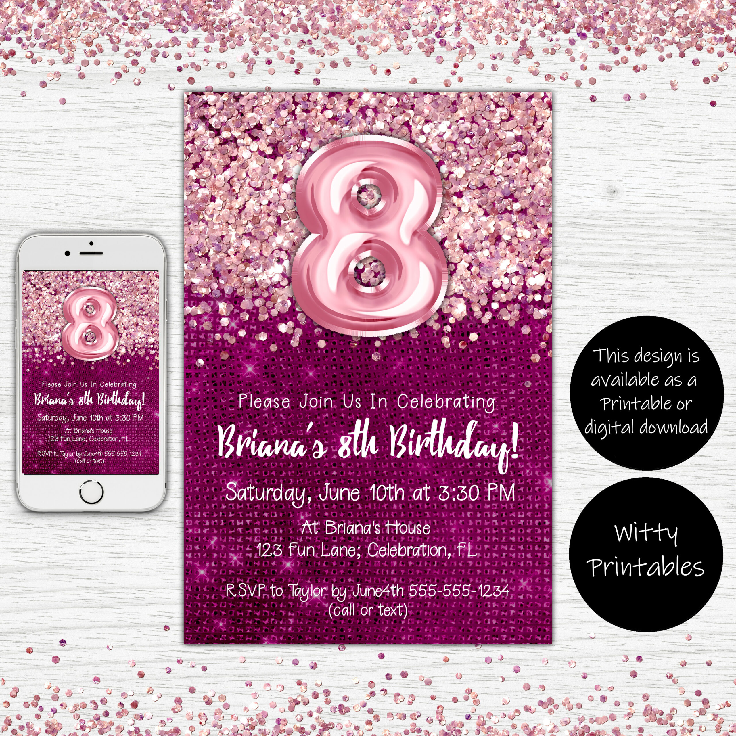8th birthday invitation, party invite, magenta, pink, glitter