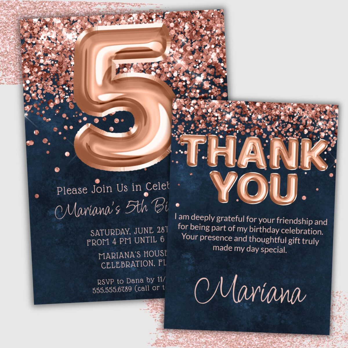 Rose Gold Navy Blue 5th Birthday Party