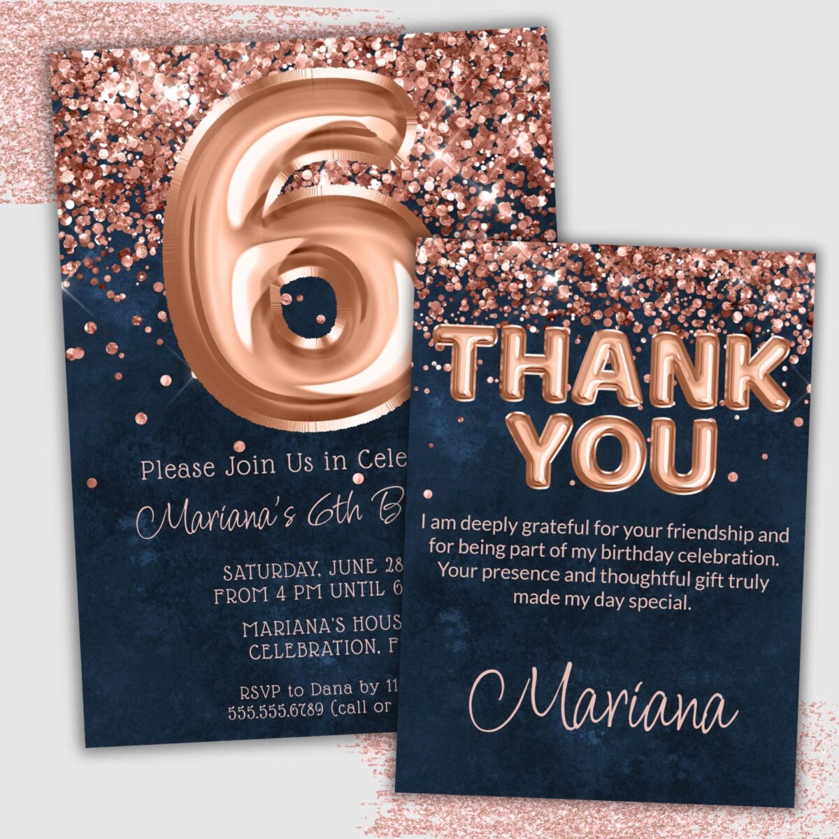 Rose Gold Navy Blue 6th Birthday Party