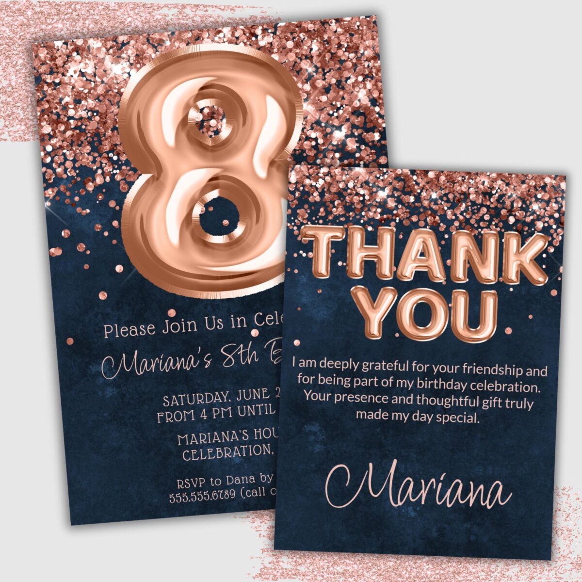 Rose Gold Navy Blue 8th Birthday Party