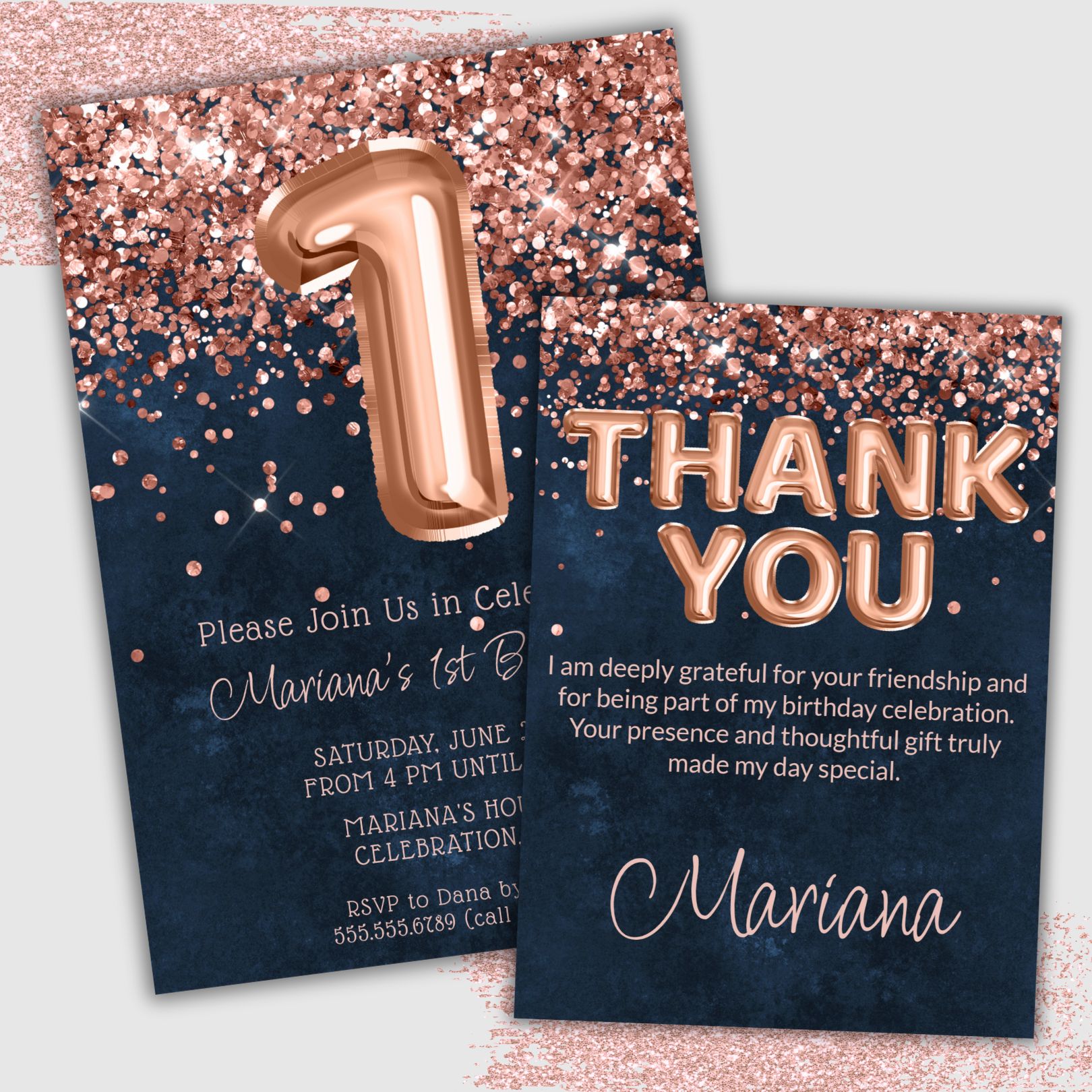 Rose Gold Navy Blue 1st Birthday Party