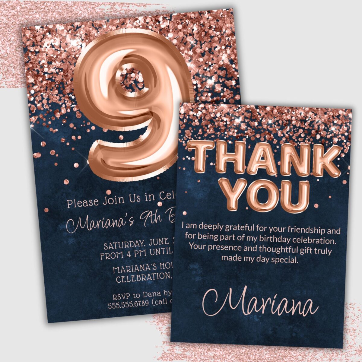 Rose Gold Navy Blue 9th Birthday Party