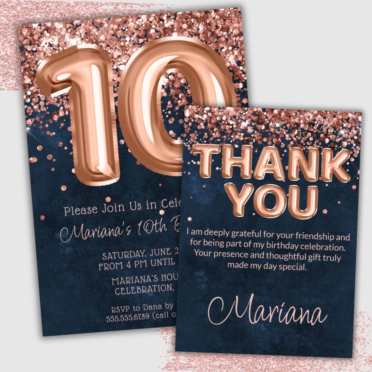 Rose Gold Navy Blue 10th Birthday Party