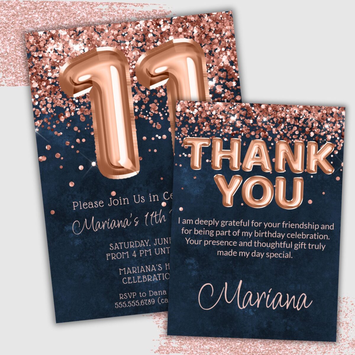 Rose Gold Navy Blue 11th Birthday Party