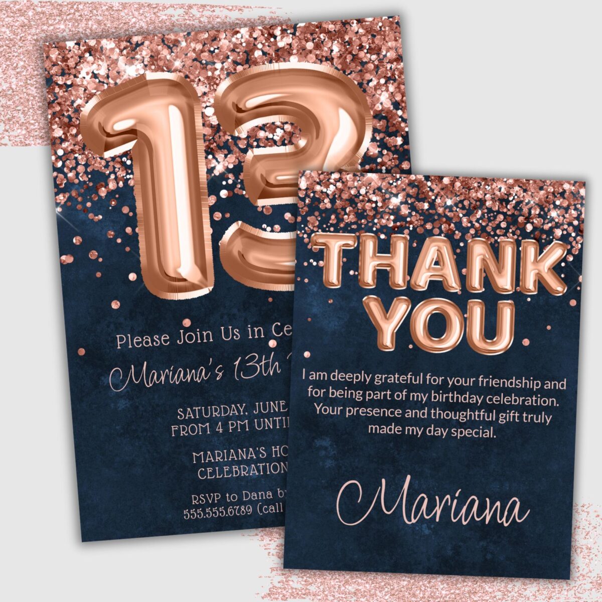 Rose Gold Navy Blue 13th Birthday Party