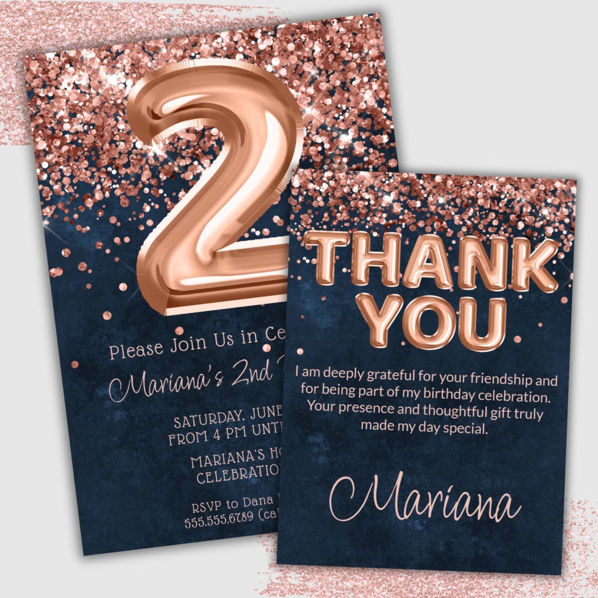 Rose Gold Navy Blue 2nd Birthday Party