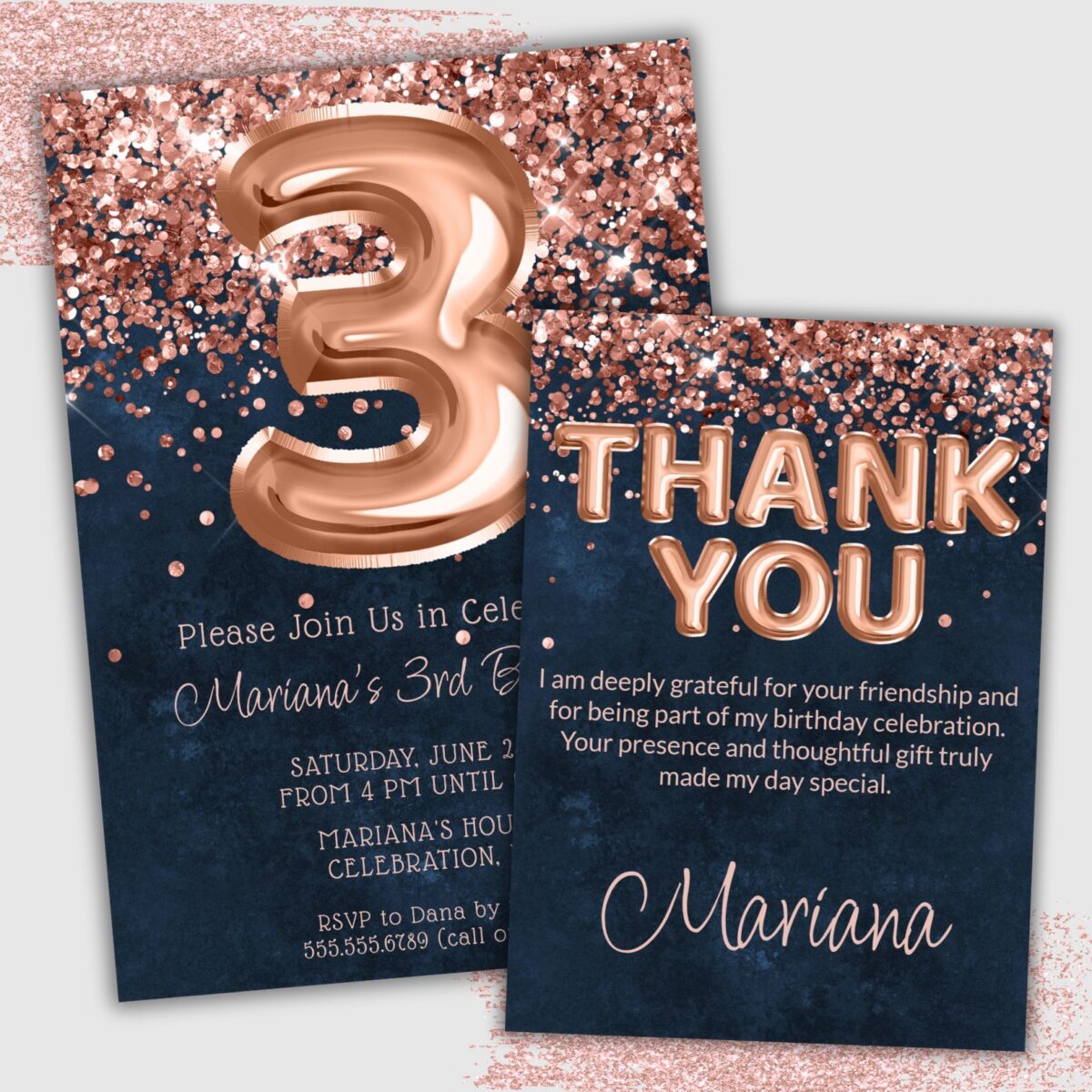 Rose Gold Navy Blue 3rd Birthday Party