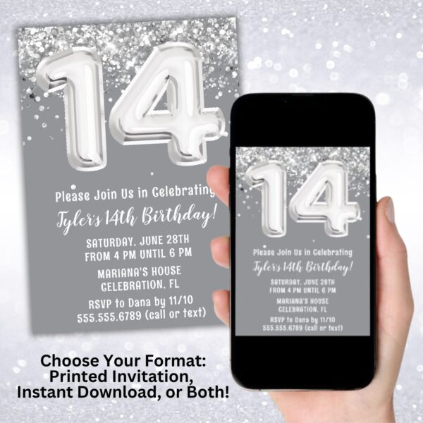 digital 14th birthday party invitation, glitter party invitation