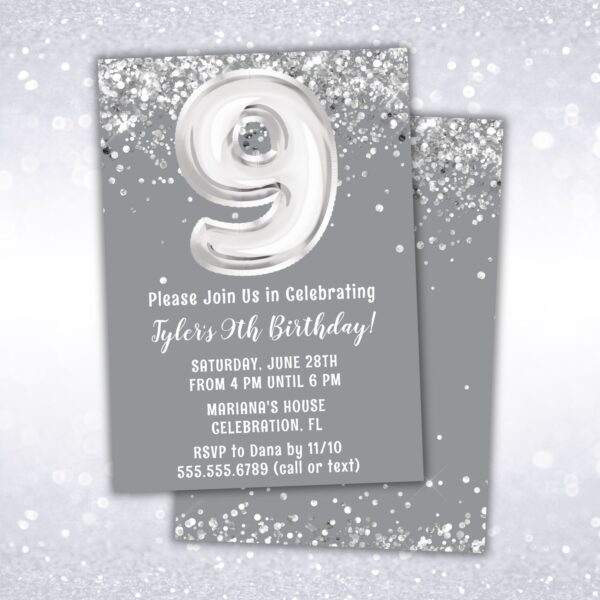 9th birthday party invitation, silver, gray