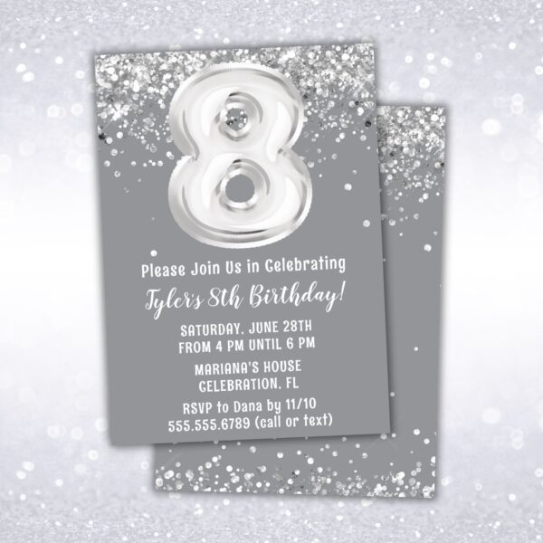 8th birthday party invitation, silver, gray