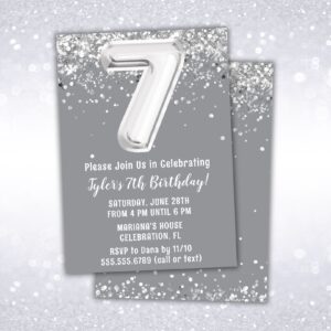 7th birthday party invitation, silver, gray