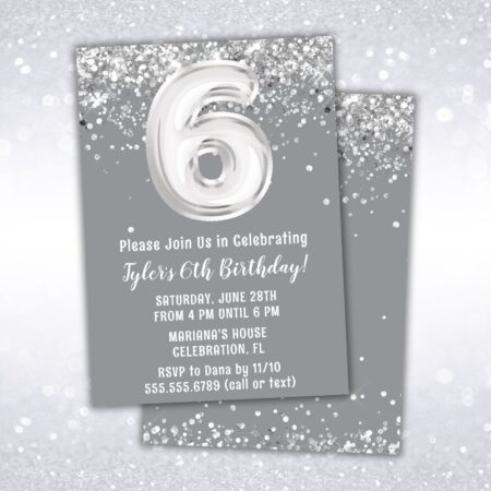 6th birthday party invitation, silver, gray