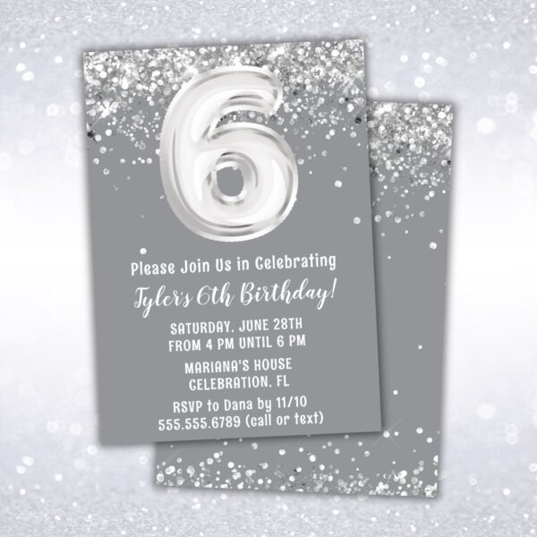 6th birthday party invitation, silver, gray