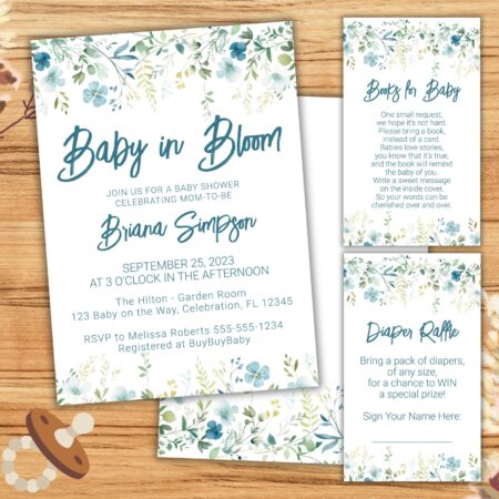 Teal Blue Wildflowers Baby Shower Invitation & Supplies