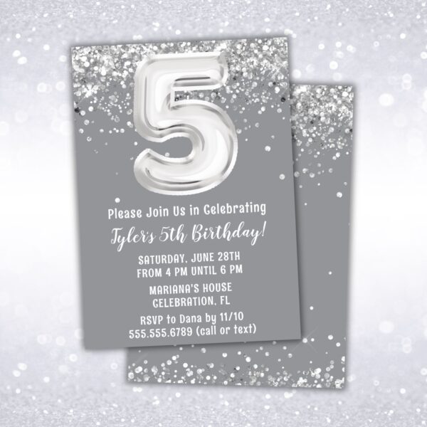 5th birthday party invitation, silver, gray