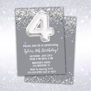 4th birthday party invitation, silver, gray