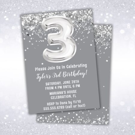 3rd birthday party invitation, silver, gray