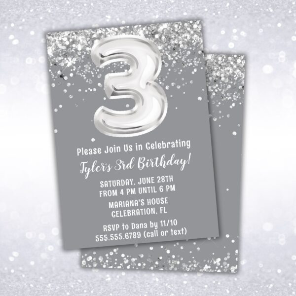 3rd birthday party invitation, silver, gray