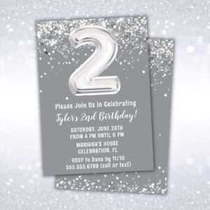 2nd birthday party invitation, silver, gray