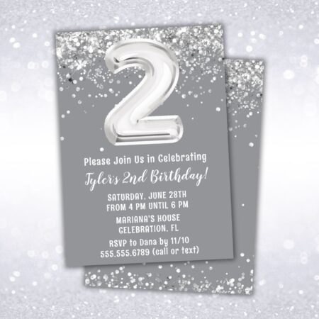 2nd birthday party invitation, silver, gray