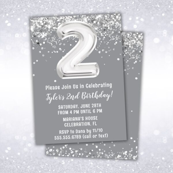 2nd birthday party invitation, silver, gray