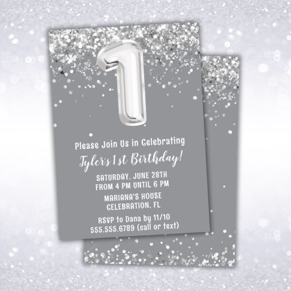 1st birthday party invitation, silver, gray