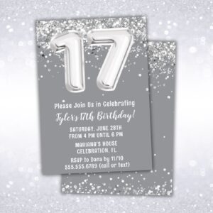 17th birthday party invitation, silver, gray