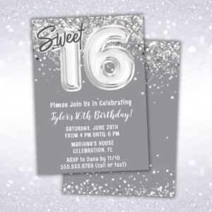 16th birthday party invitation, silver, gray