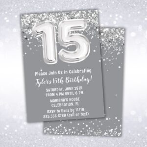 15th birthday party invitation, silver, gray