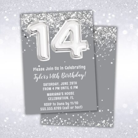 14th birthday party invitation, silver, gray