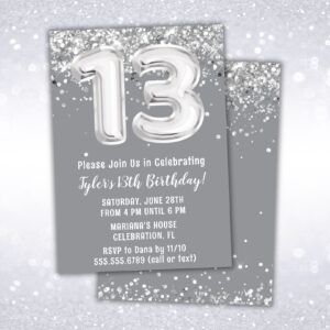 13th birthday party invitation, silver, gray