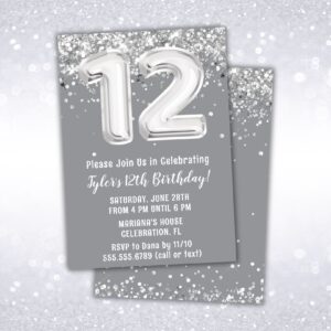 12th birthday party invitation, silver, gray