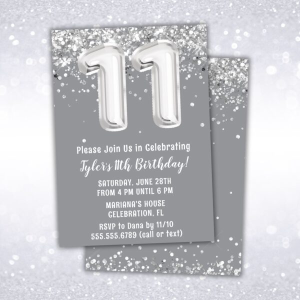 11th birthday party invitation, silver, gray