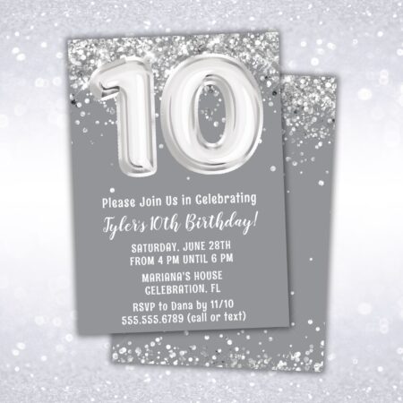 10th birthday party invitation, silver, gray