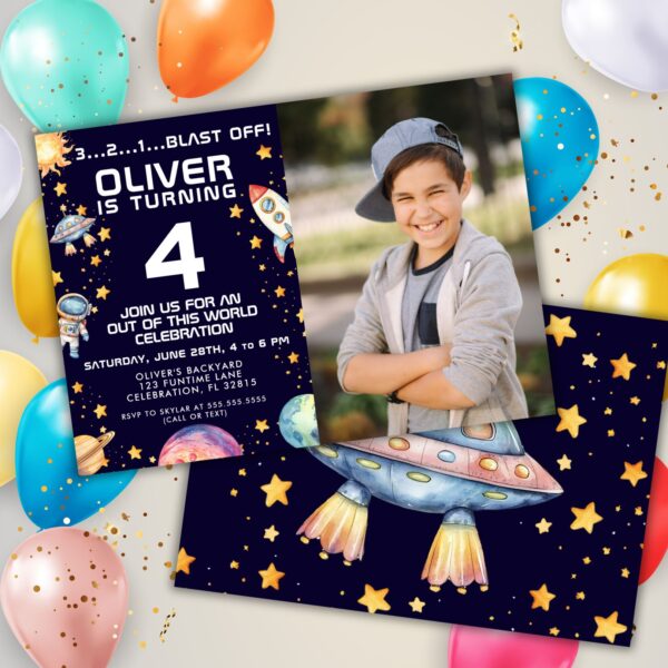 Photo Space Rocket Ship Birthday Party Invitation