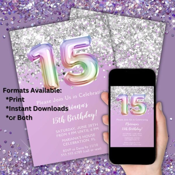 15th Birthday Party Invitation Rainbow Glitter Birthday Party 15 Birthday Invitation