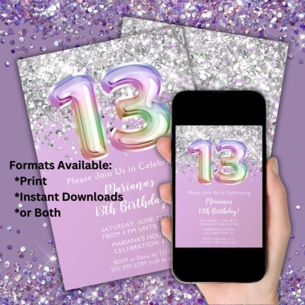 13th Birthday Party Invitation Rainbow Glitter Birthday Party 13 Birthday Invitation