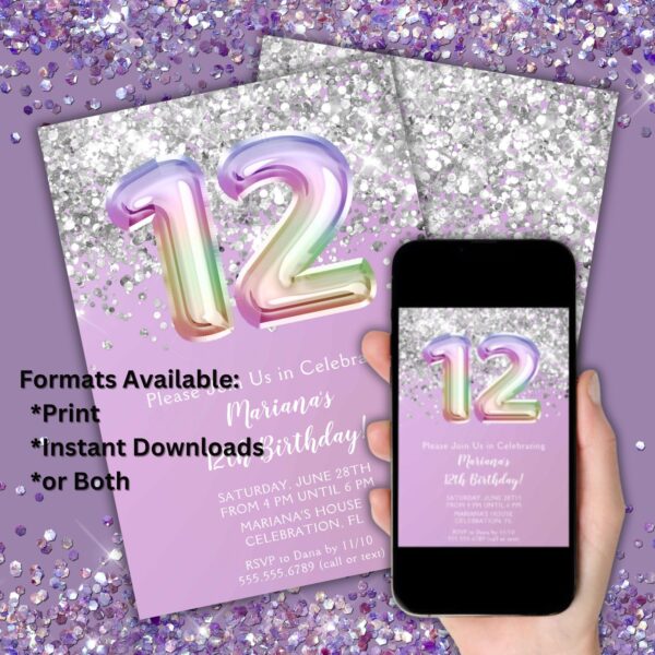 12th Birthday Party Invitation Rainbow Glitter Birthday Party 12 Birthday Invitation