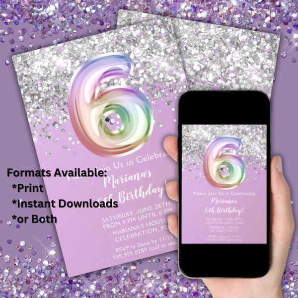 6th Birthday Party Invitation Rainbow Glitter Birthday Party 6 Birthday Invitation