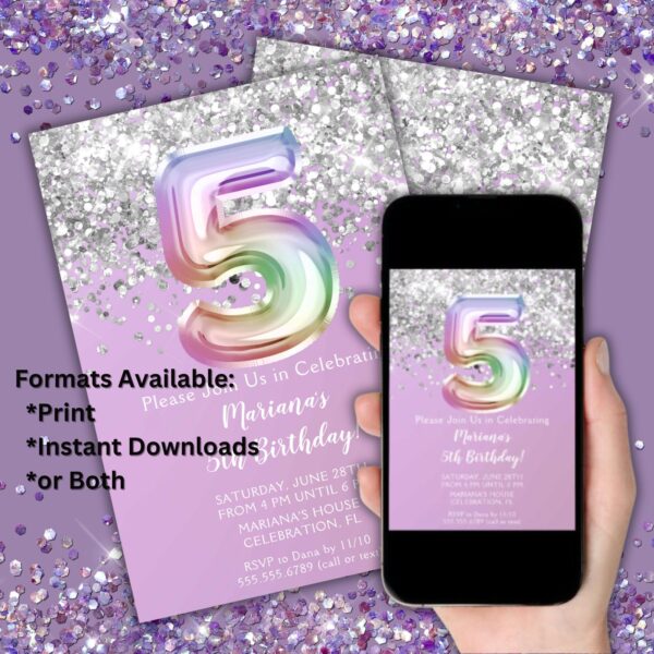 5th Birthday Party Invitation Rainbow Glitter Foil Balloons Birthday Party for a 5 Year Old