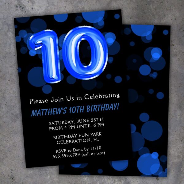 10th Birthday Party Invitation Blue and Black Balloons Birthday Party Invite for a 10 Year Old